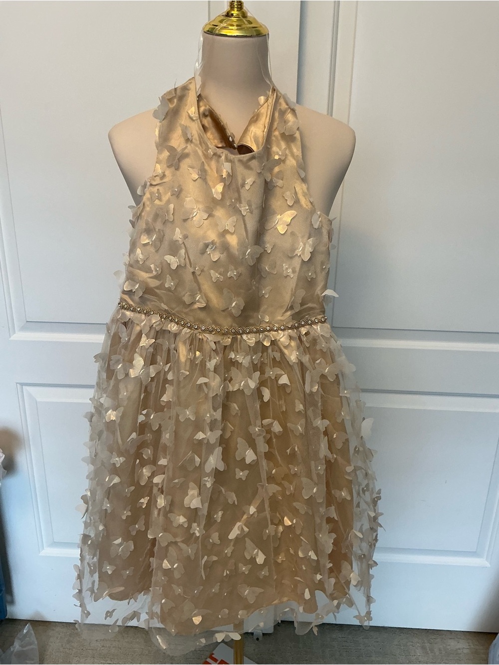 Speechless Champagne Halter Tulle Dress with Butterfly Appliqués